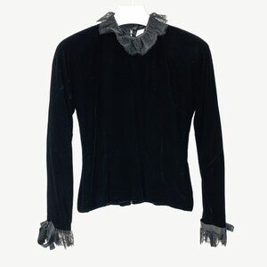 Carolyne Roehm Vintage Black Velvet Lace-Trim Top